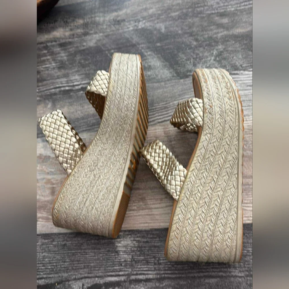 Gold Braided Platform Wedge Sandals Cottagecore Metallic Resortwear